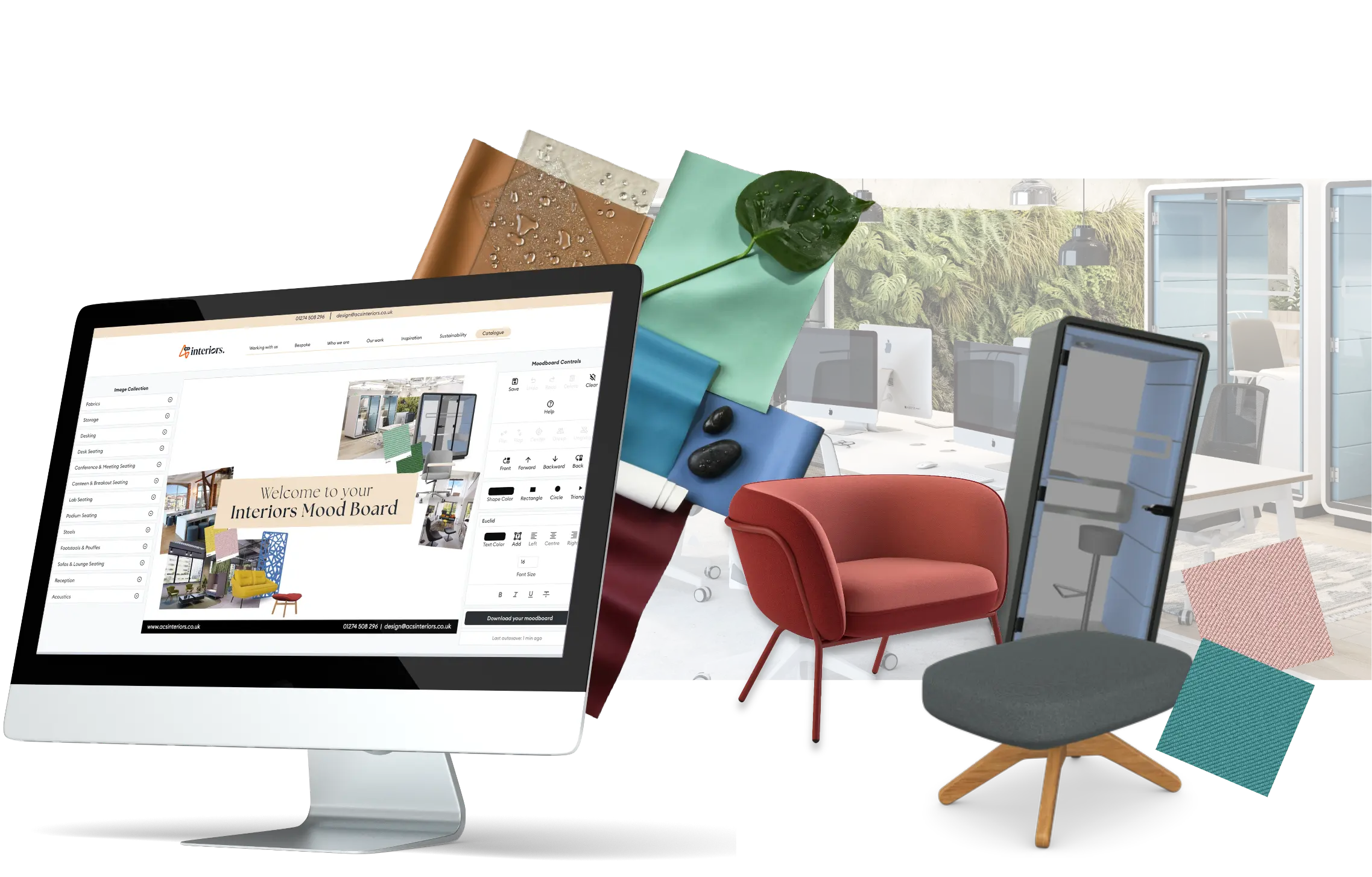 The ACS Interiors Mood Board designer on a desktop screen, surrounded by fabric samples and furniture